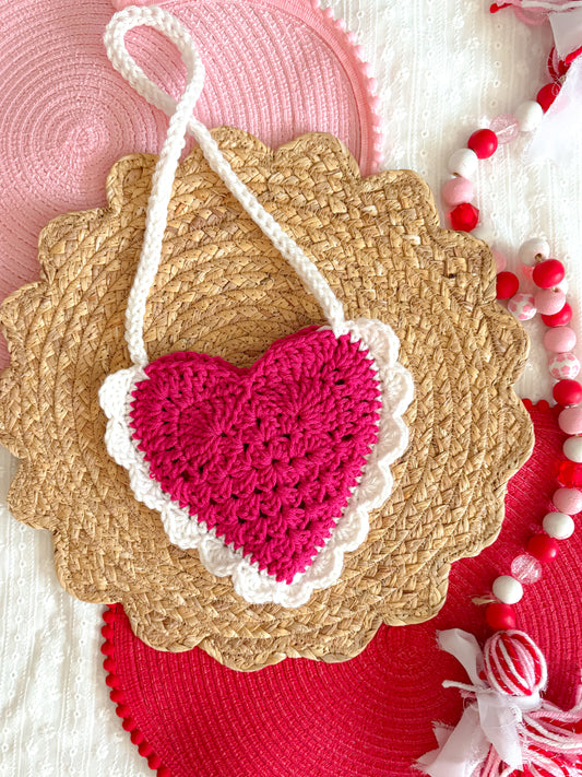 Hot Pink Heart Purse with White Scalloped Edging