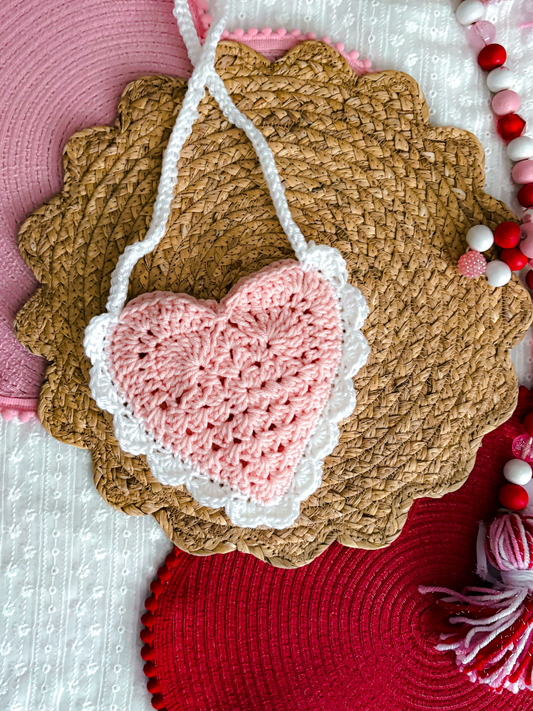 Soft Pink Heart Purse with White Scalloped Edging